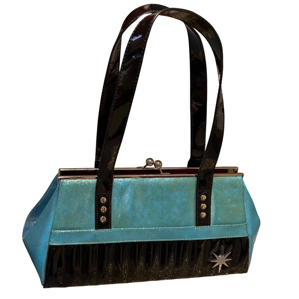 Lux de Ville Starburst Turquoise Glitter Black Patent Bag Purse 50s Rockabilly
